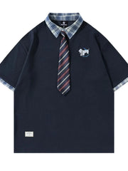 Men's Plaid Collar Short Sleeve Polo with Tie Blue / M