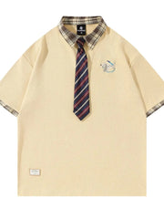 Men's Plaid Collar Short Sleeve Polo with Tie Yellow / M