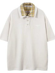 Men's Plaid Collar Short Sleeve Ribbed Polo Apricot / S