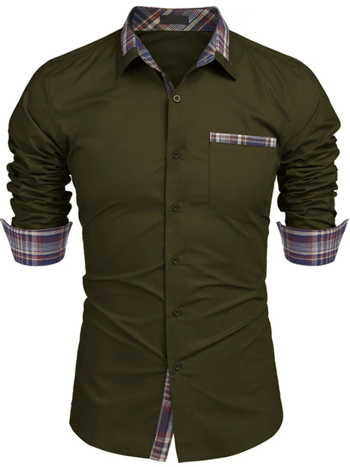 Men's Plaid Collared Neck Long Sleeve Shirt Army Green / S
