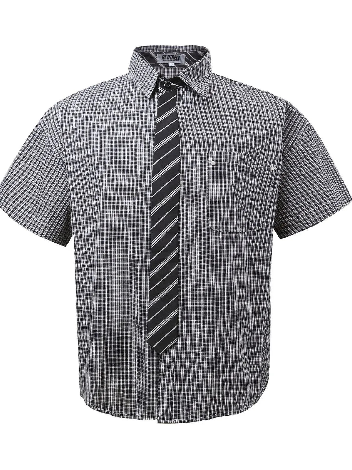 Men's Plaid Short Sleeve Shirt with Striped Tie Black / M