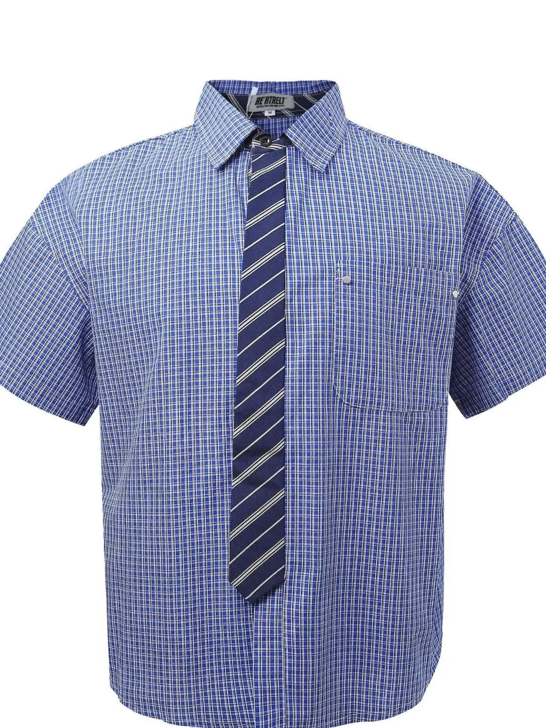 Men's Plaid Short Sleeve Shirt with Striped Tie Blue / M