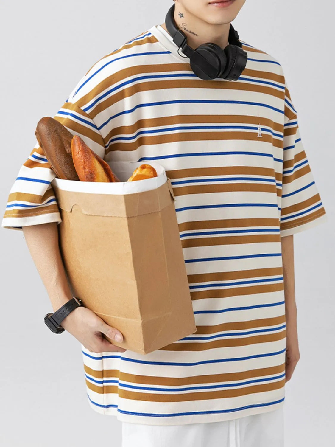 Men's Plus Size Basic style Round Neck Striped T-Shirt Camel / M