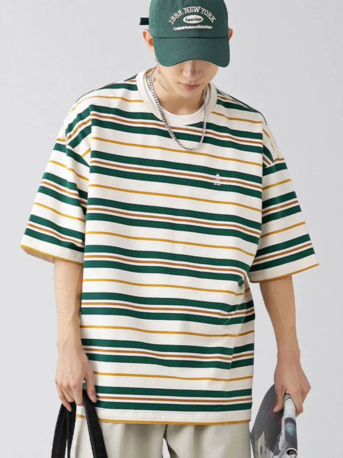 Men's Plus Size Basic style Round Neck Striped T-Shirt Dark Green / M