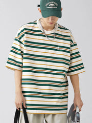 Men's Plus Size Basic style Round Neck Striped T-Shirt Dark Green / M