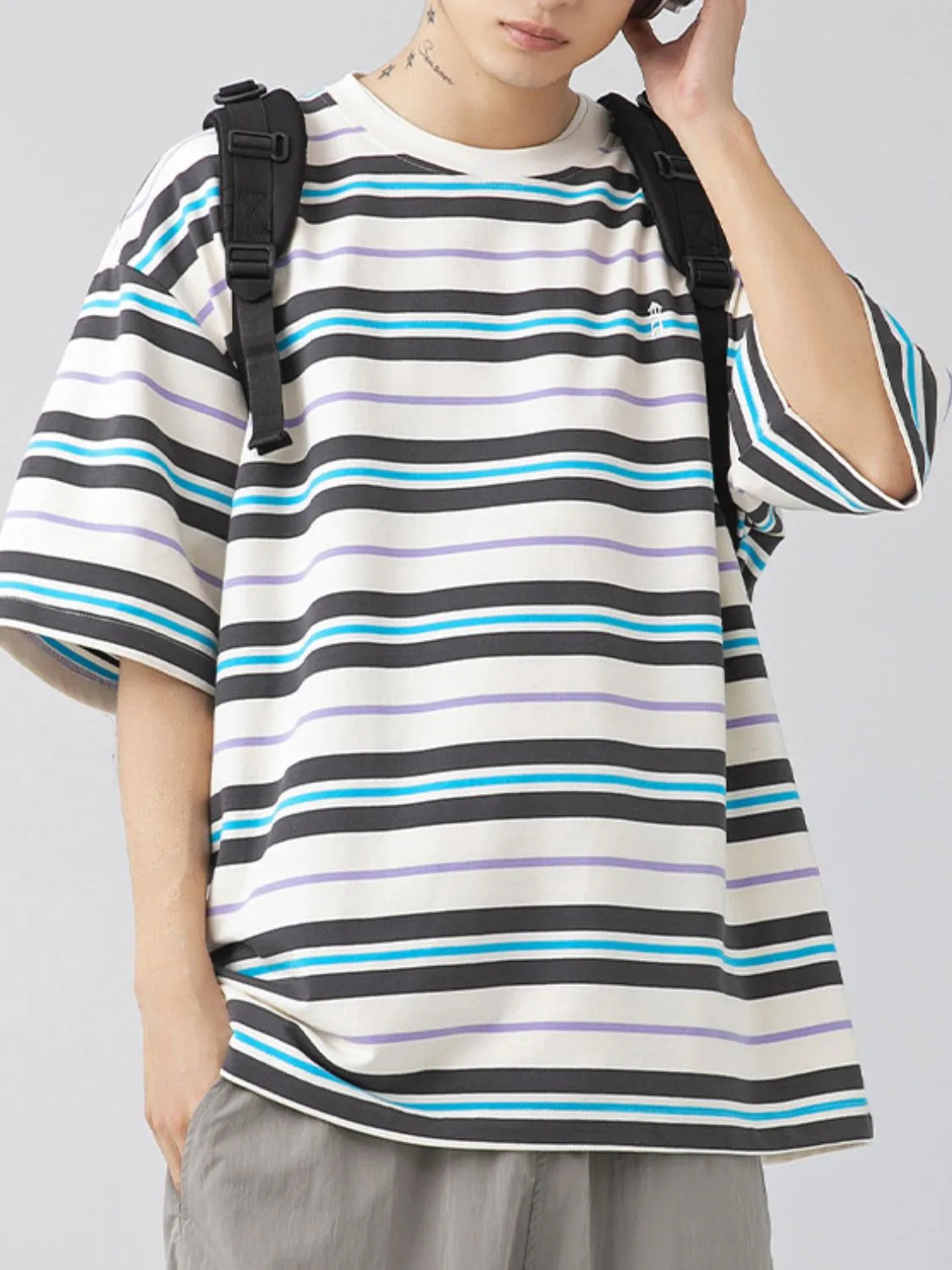 Men's Plus Size Basic style Round Neck Striped T-Shirt Light Blue / M
