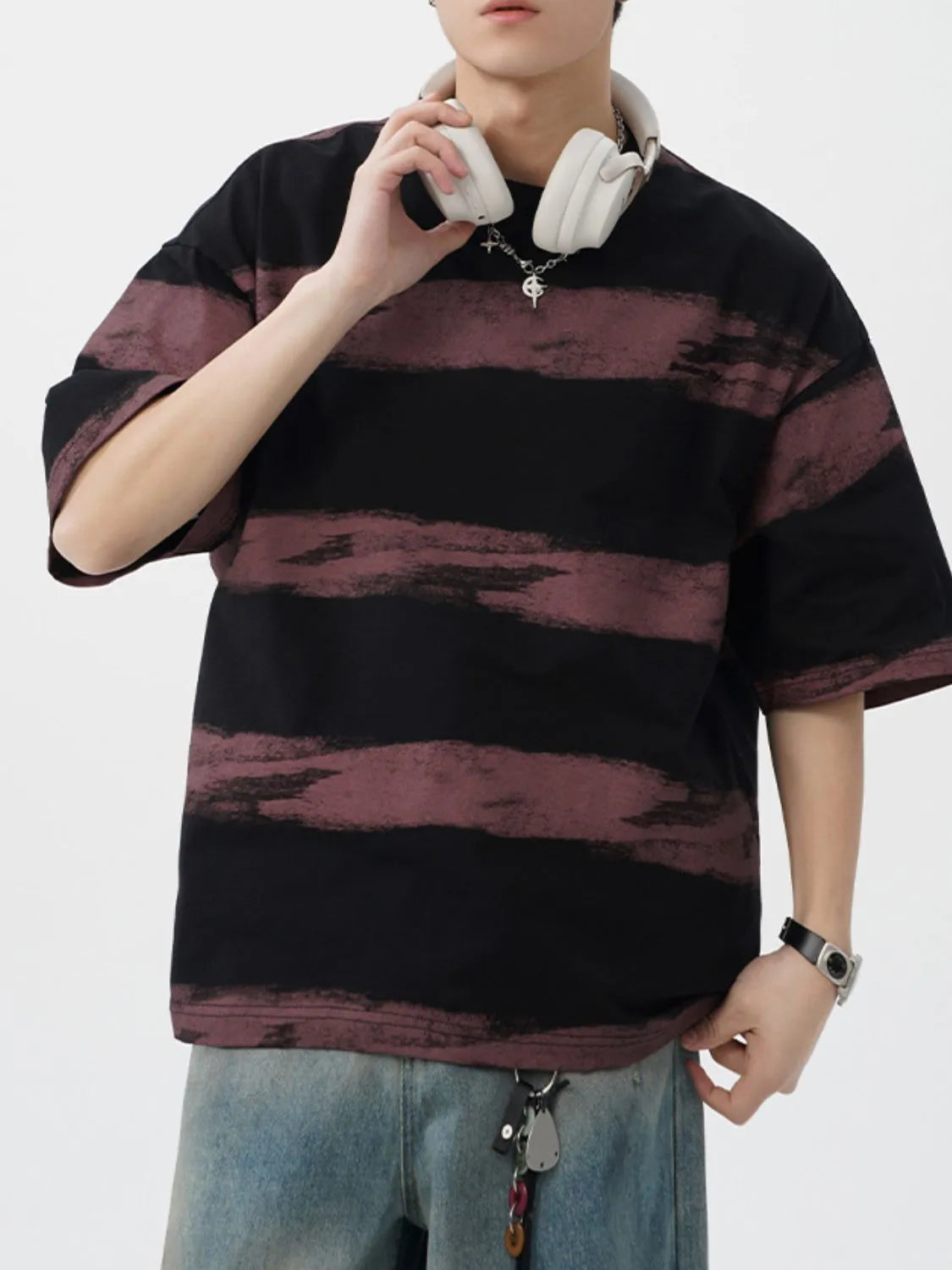 Men's Plus Size Basic style Round Neck Striped T-Shirt Moonlit Mauve / M