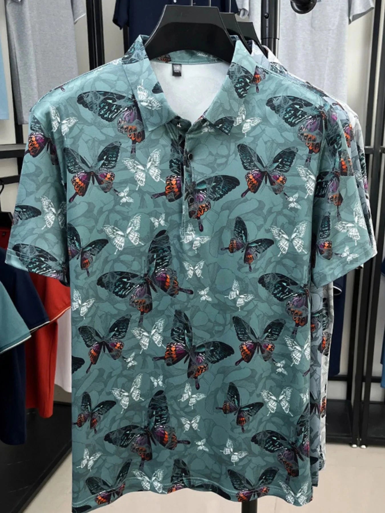 Men's Plus Size Butterfly Print Short Sleeve Polo Green / M