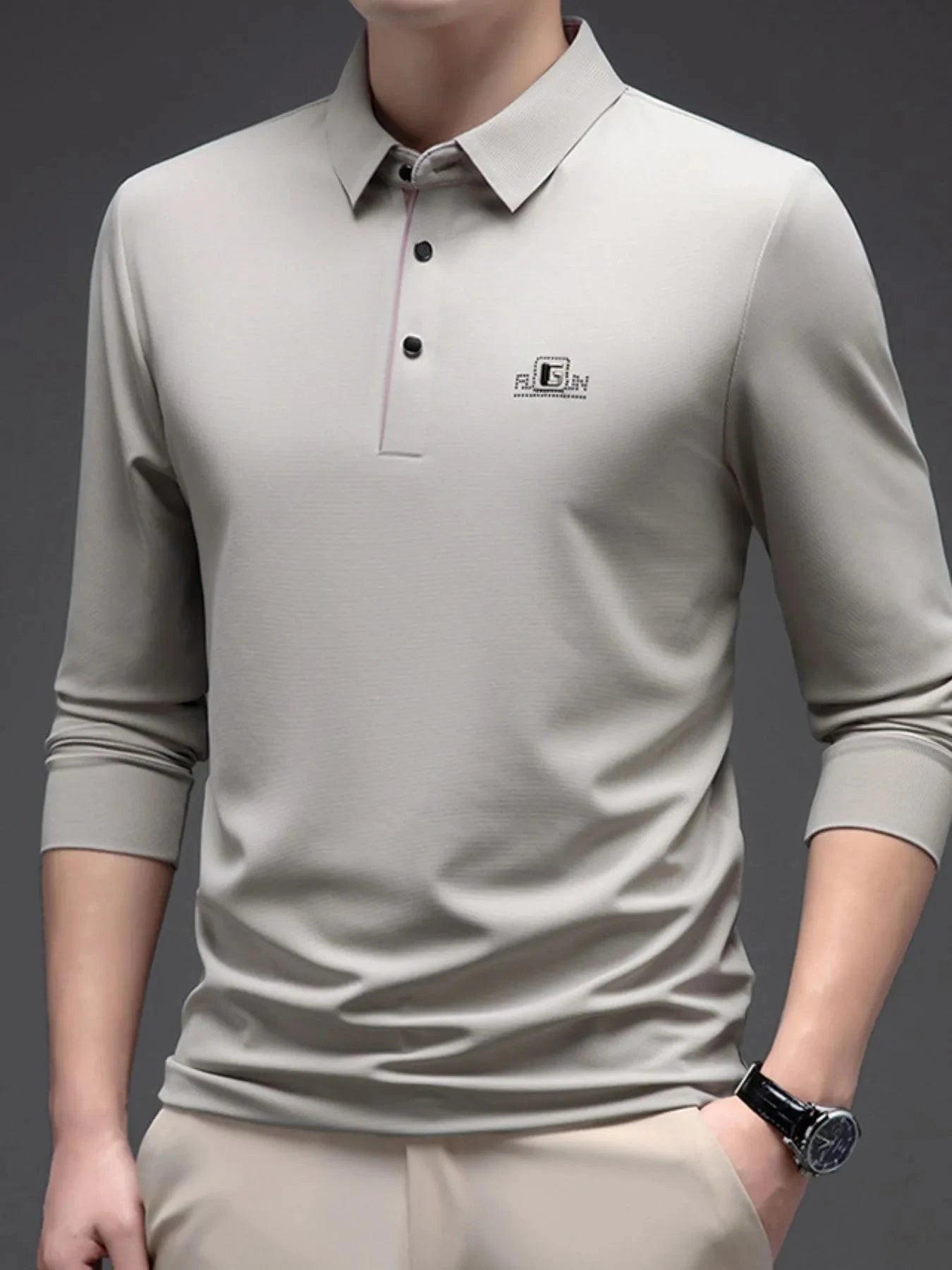Men's Plus Size Button Detail Long Sleeve Polo Apricot / M