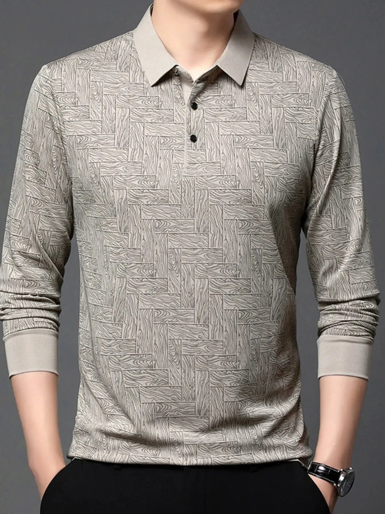 Men's Plus Size Button Detail Long Sleeve Polo Beige / M