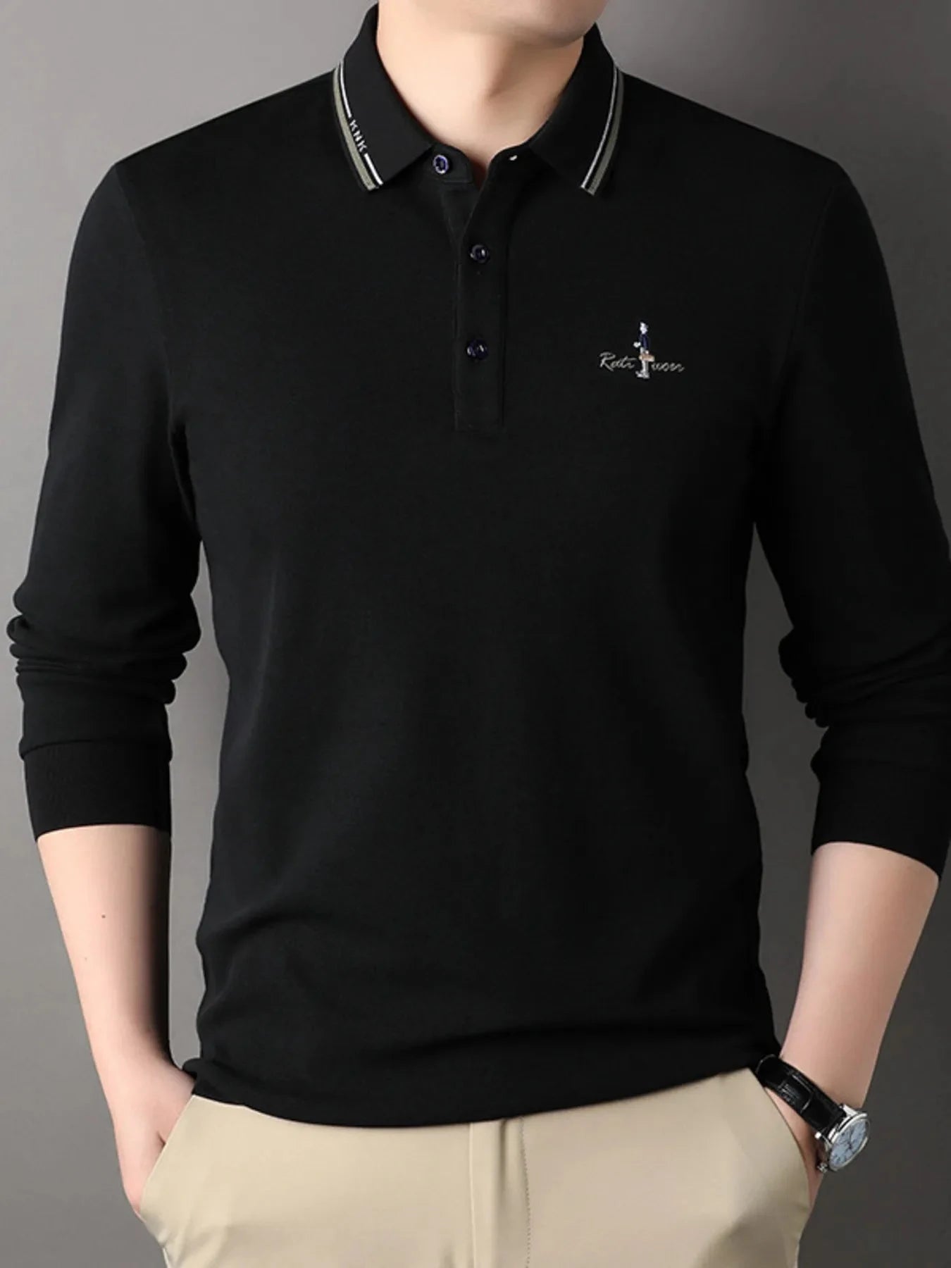 Men's Plus Size Button Detail Long Sleeve Polo Black / M