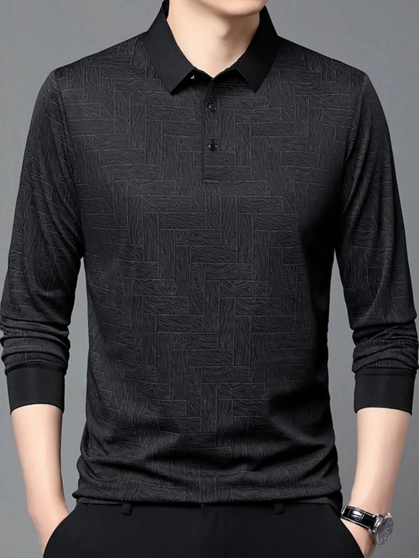 Men's Plus Size Button Detail Long Sleeve Polo Black / M