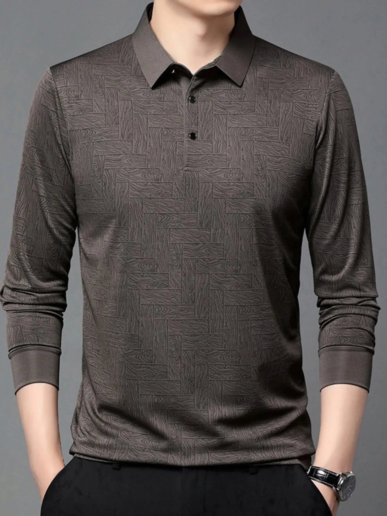 Men's Plus Size Button Detail Long Sleeve Polo Brown / M