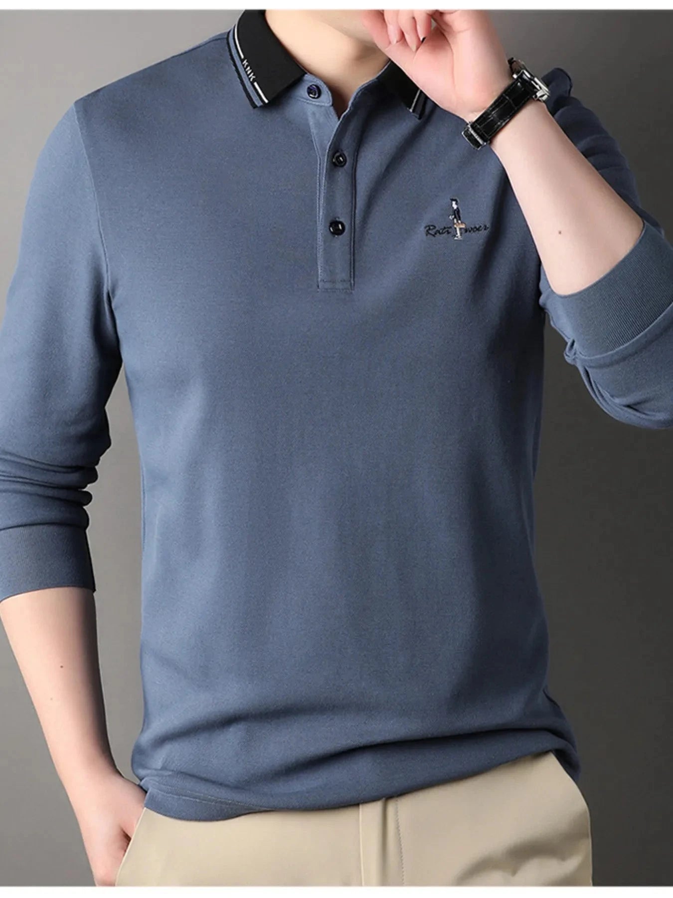 Men's Plus Size Button Detail Long Sleeve Polo Dusty Blue / M