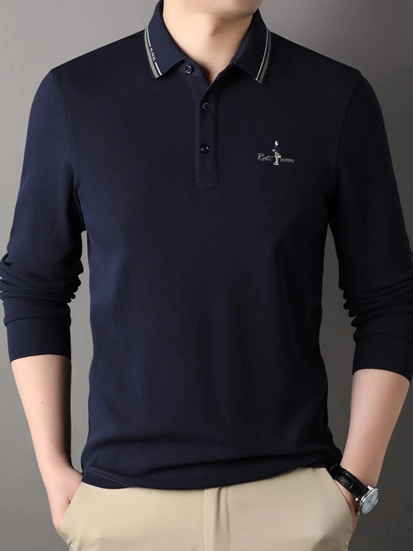 Men's Plus Size Button Detail Long Sleeve Polo Navy Blue / M