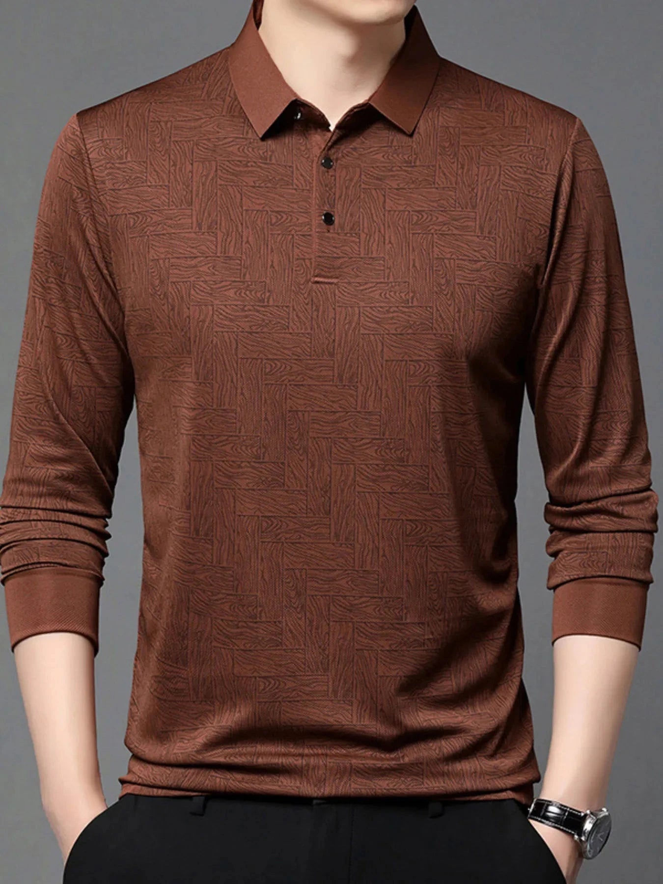 Men's Plus Size Button Detail Long Sleeve Polo Orange / M