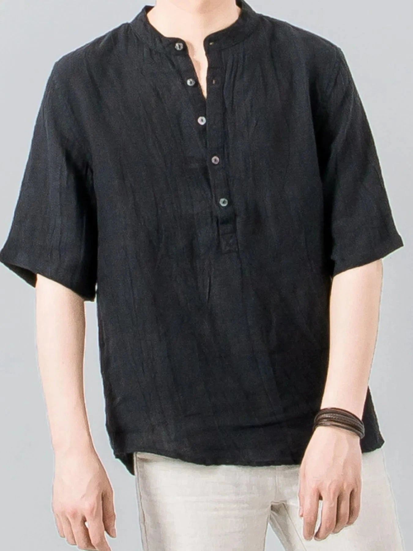Men's Plus Size Button Detail Short Sleeve Blouse Black / M