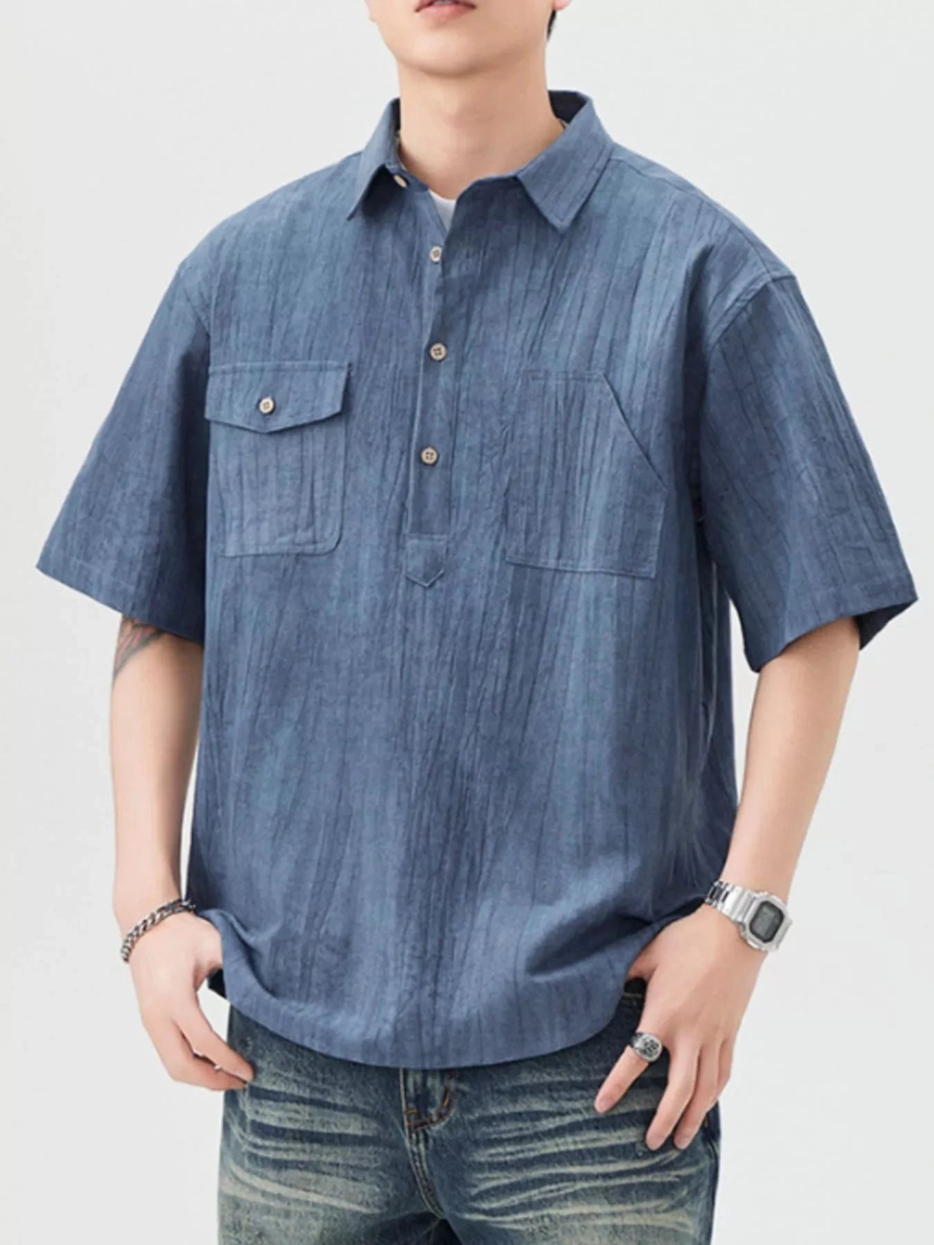 Men's Plus Size Button Detail Short Sleeve Shirt