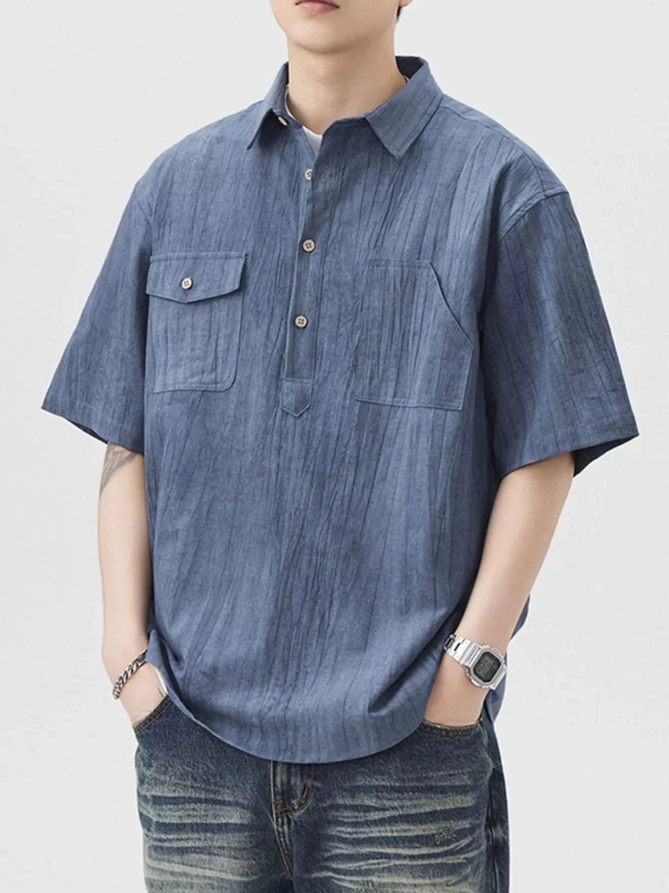 Men's Plus Size Button Detail Short Sleeve Shirt Blue / M