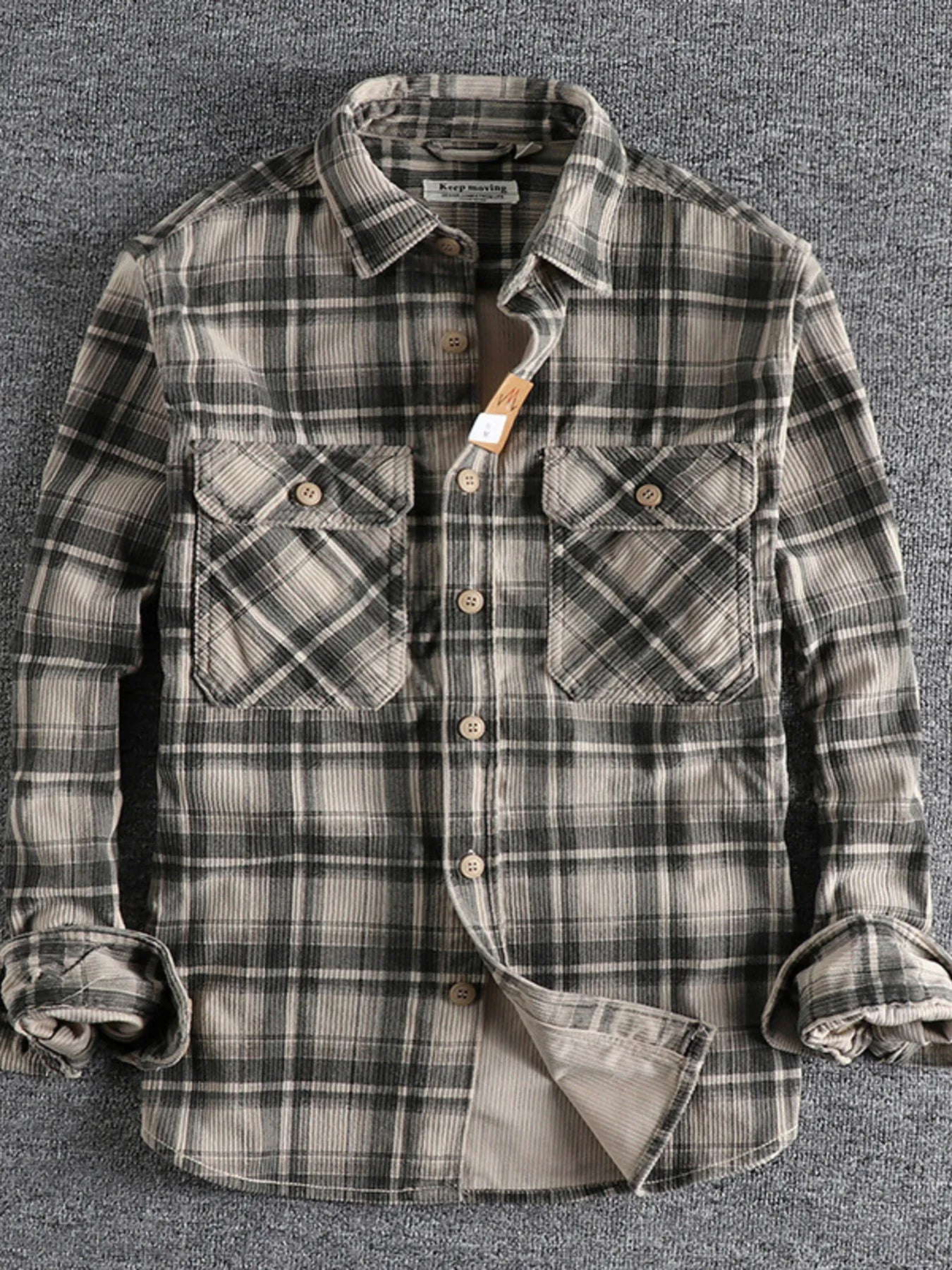 Men's Plus Size Button Down Plaid Corduroy Shirt with Chest Pockets Gray Plaid / M