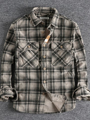 Men's Plus Size Button Down Plaid Corduroy Shirt with Chest Pockets Gray Plaid / M