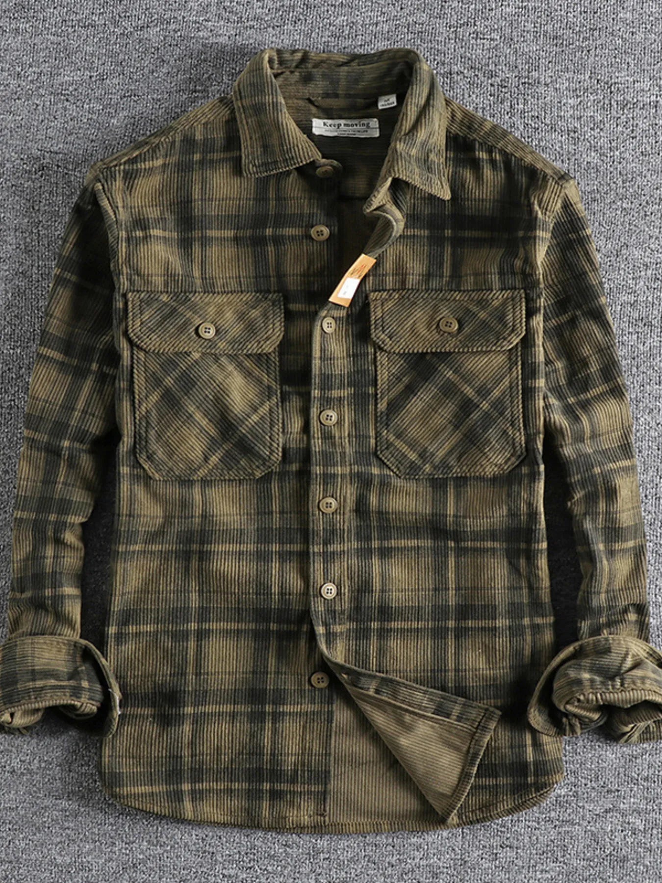 Men's Plus Size Button Down Plaid Corduroy Shirt with Chest Pockets Green Plaid / M