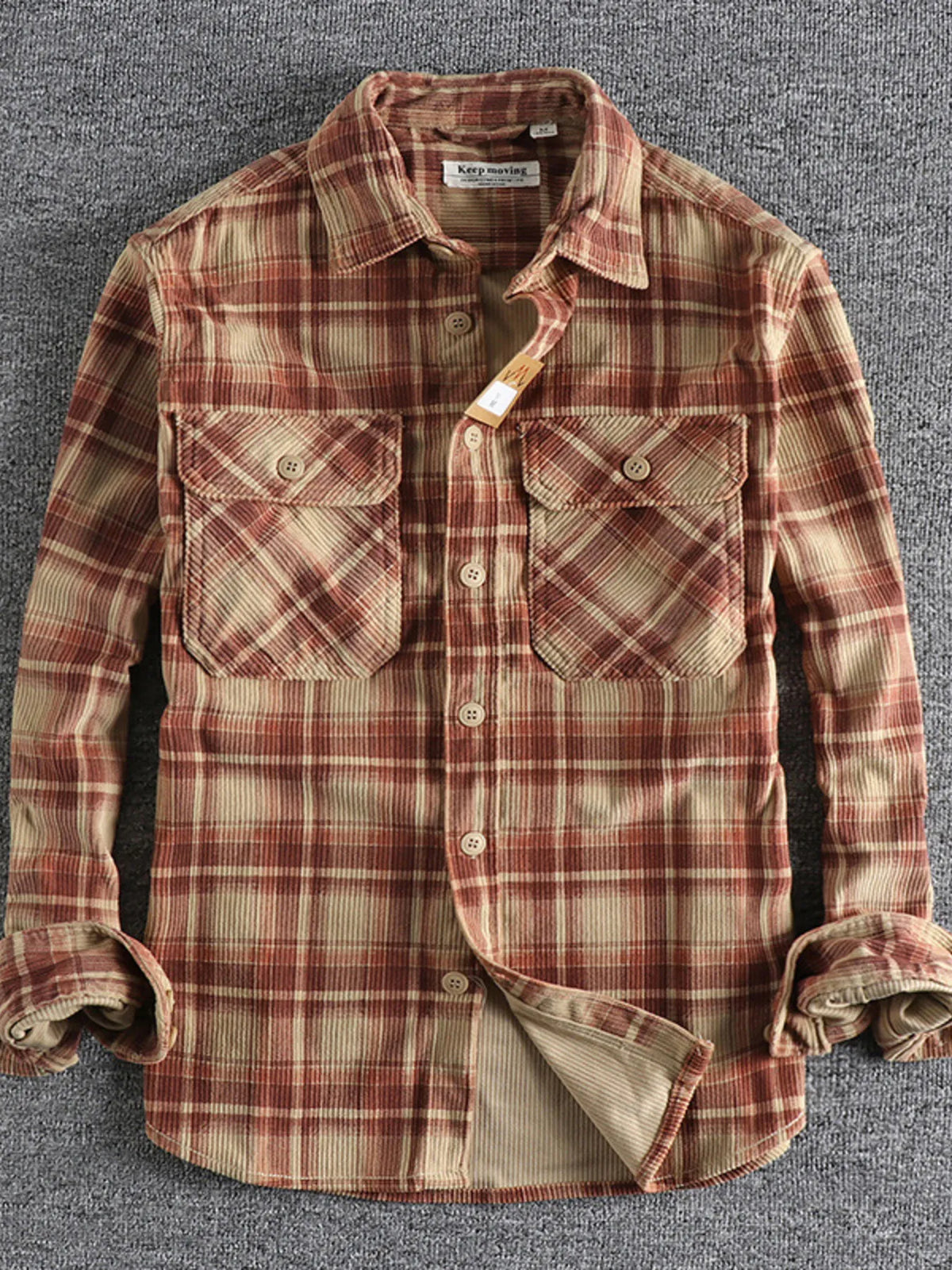 Men's Plus Size Button Down Plaid Corduroy Shirt with Chest Pockets Red Plaid / M
