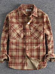 Men's Plus Size Button Down Plaid Corduroy Shirt with Chest Pockets Red Plaid / M