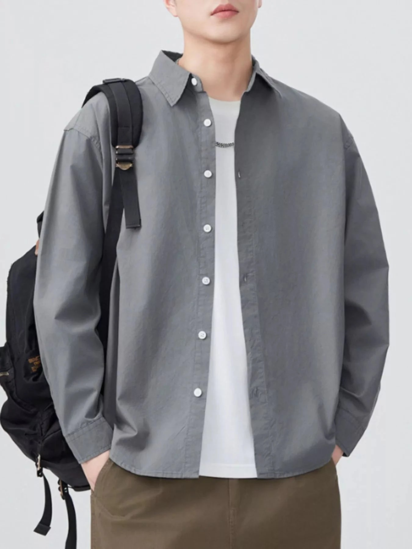 Men's Plus Size Button Up Long Sleeve Shirt Grey / M