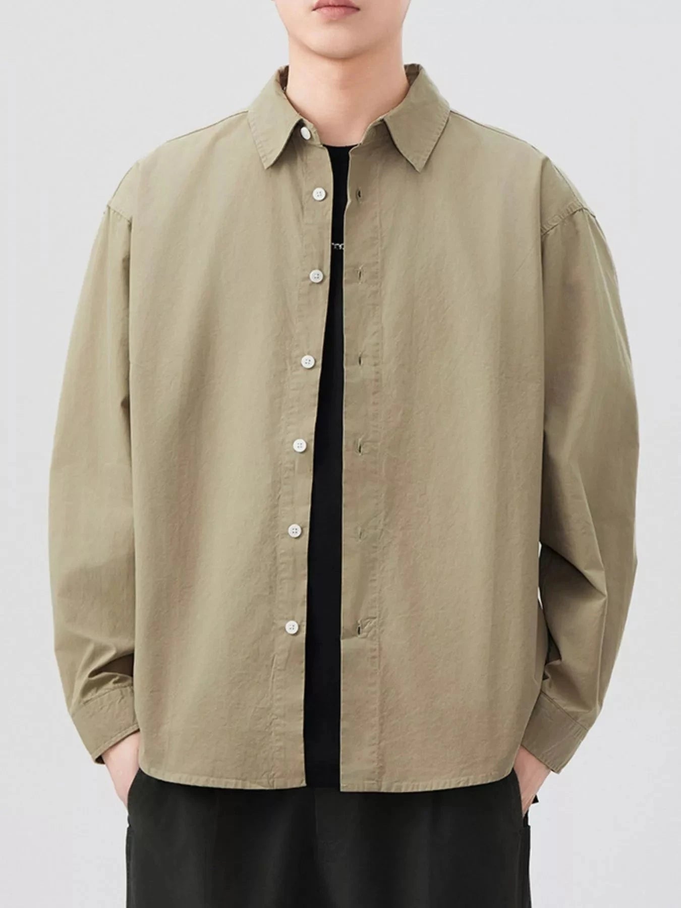 Men's Plus Size Button Up Long Sleeve Shirt Khaki / M