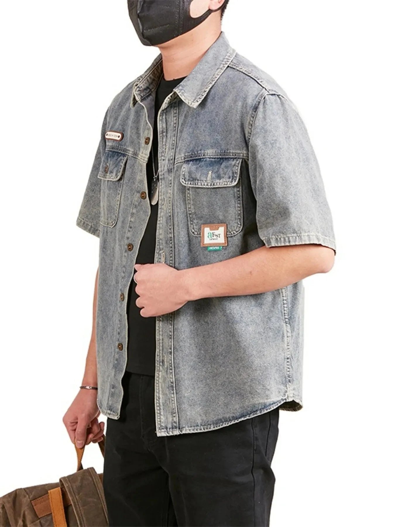 Men's Plus Size Button Up Short Sleeve Denim Shirt