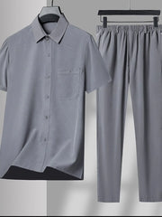 Men's Plus Size Button Up Short Sleeve Shirt and Pants Set Gray / L