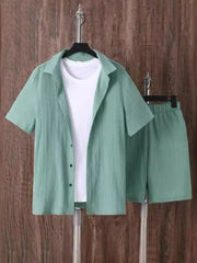 Men's Plus Size Button Up Short Sleeve Shirt and Shorts Set Green / M
