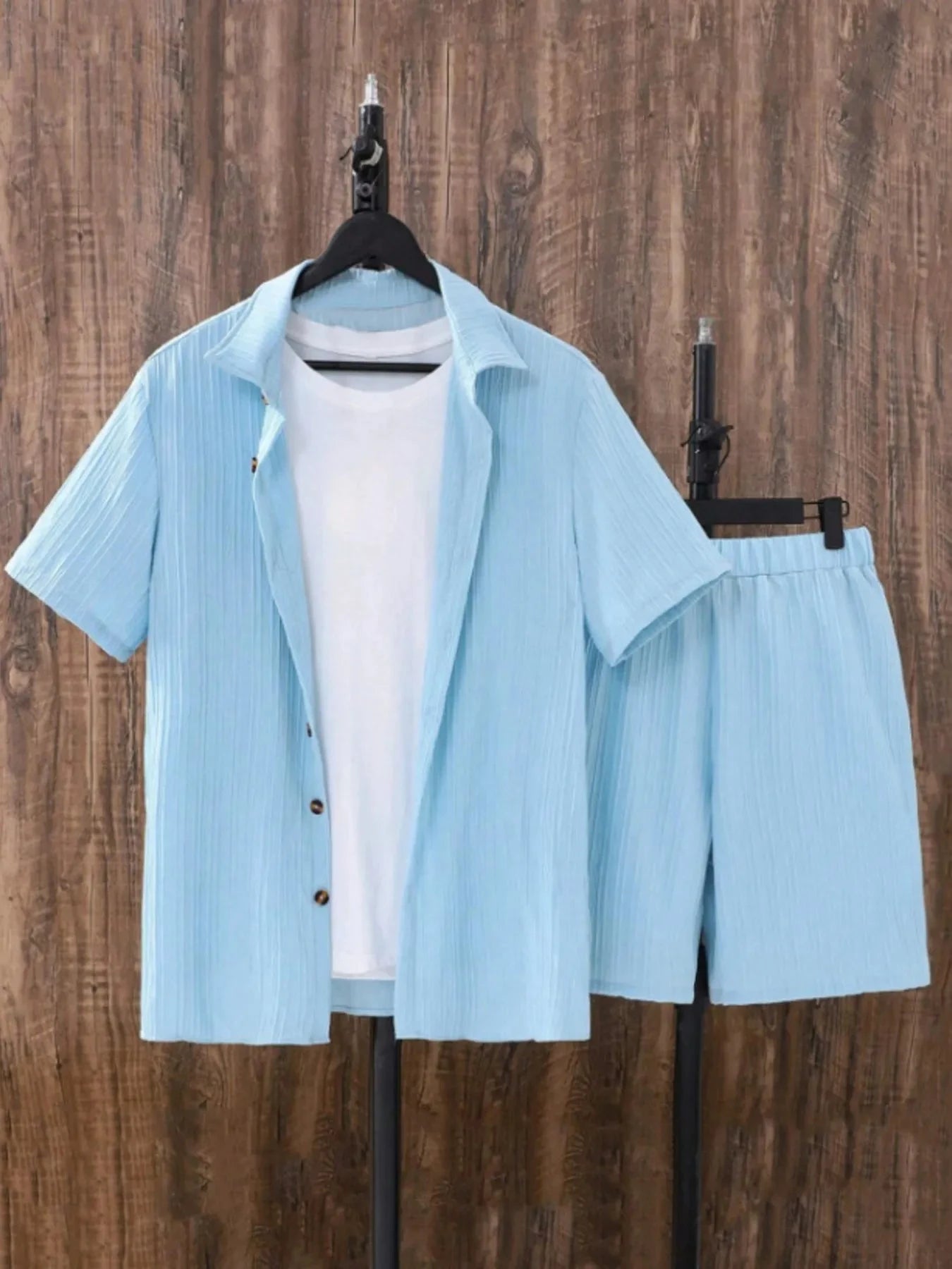 Men's Plus Size Button Up Short Sleeve Shirt and Shorts Set Light Blue / M