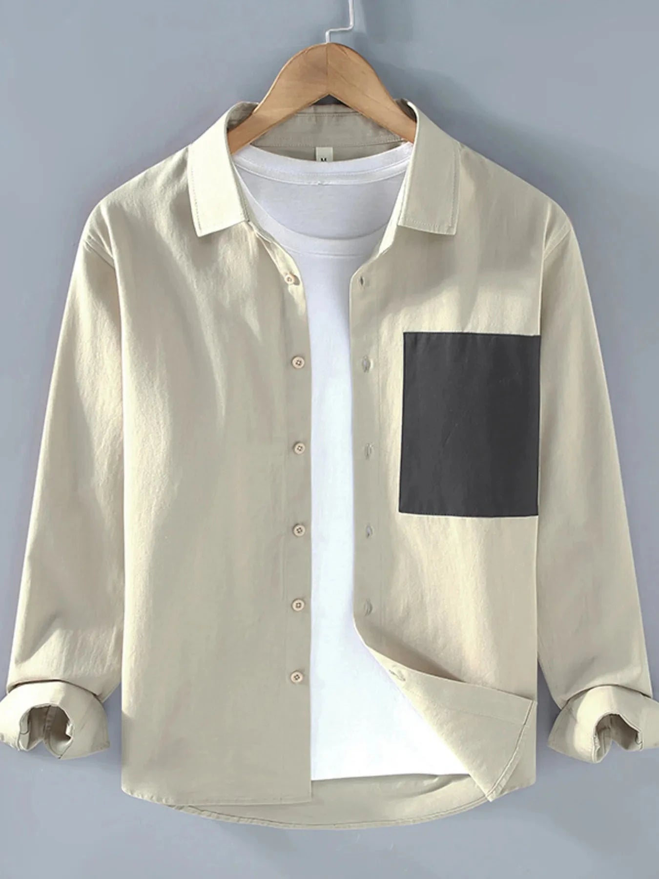 Men's Plus Size Casual Button-Up Shirt with Contrast Pocket Apricot / M