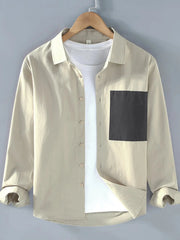 Men's Plus Size Casual Button-Up Shirt with Contrast Pocket Apricot / M