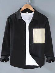 Men's Plus Size Casual Button-Up Shirt with Contrast Pocket Black / M