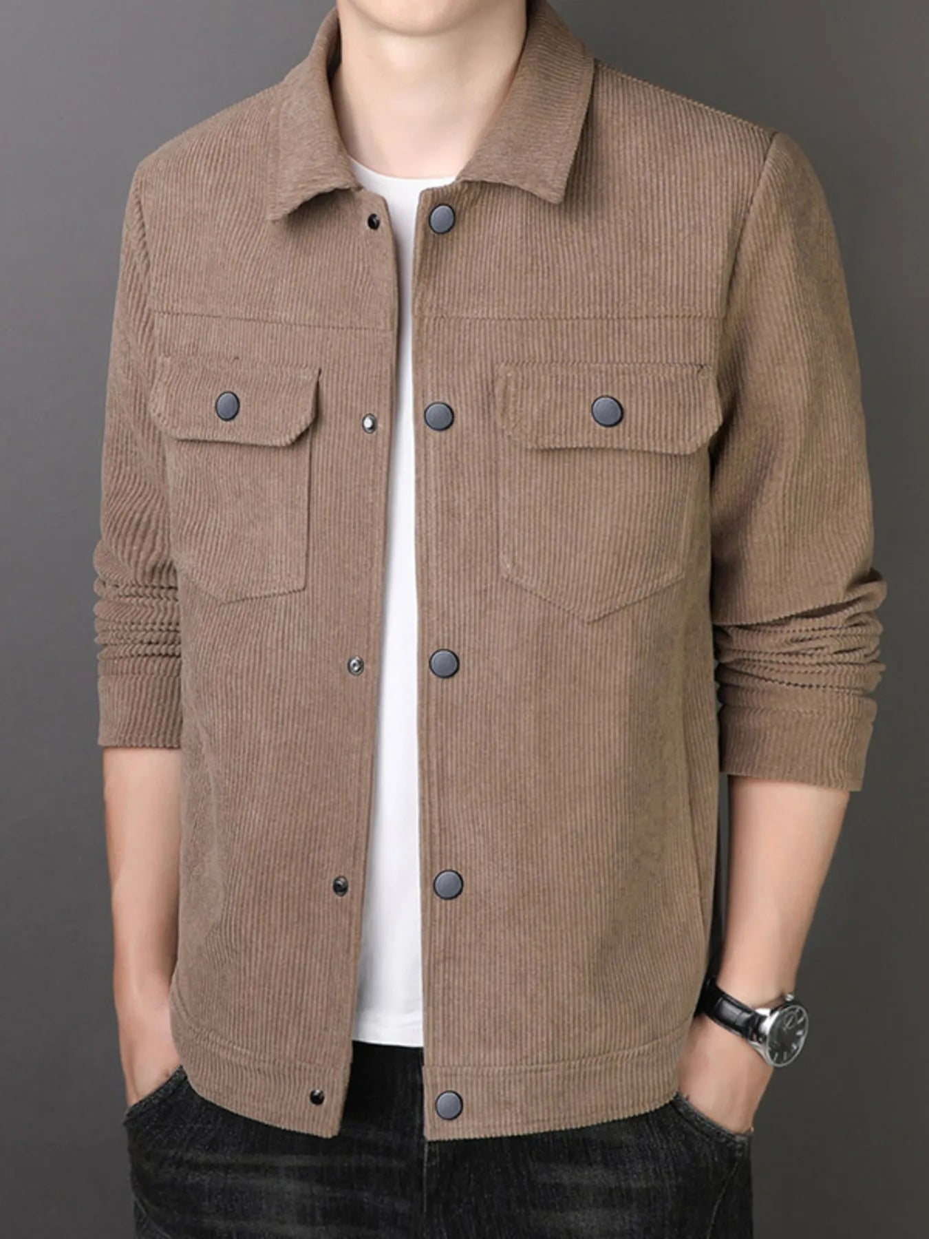 Men's Plus Size Casual Corduroy Button-Down Jacket Taupe / M