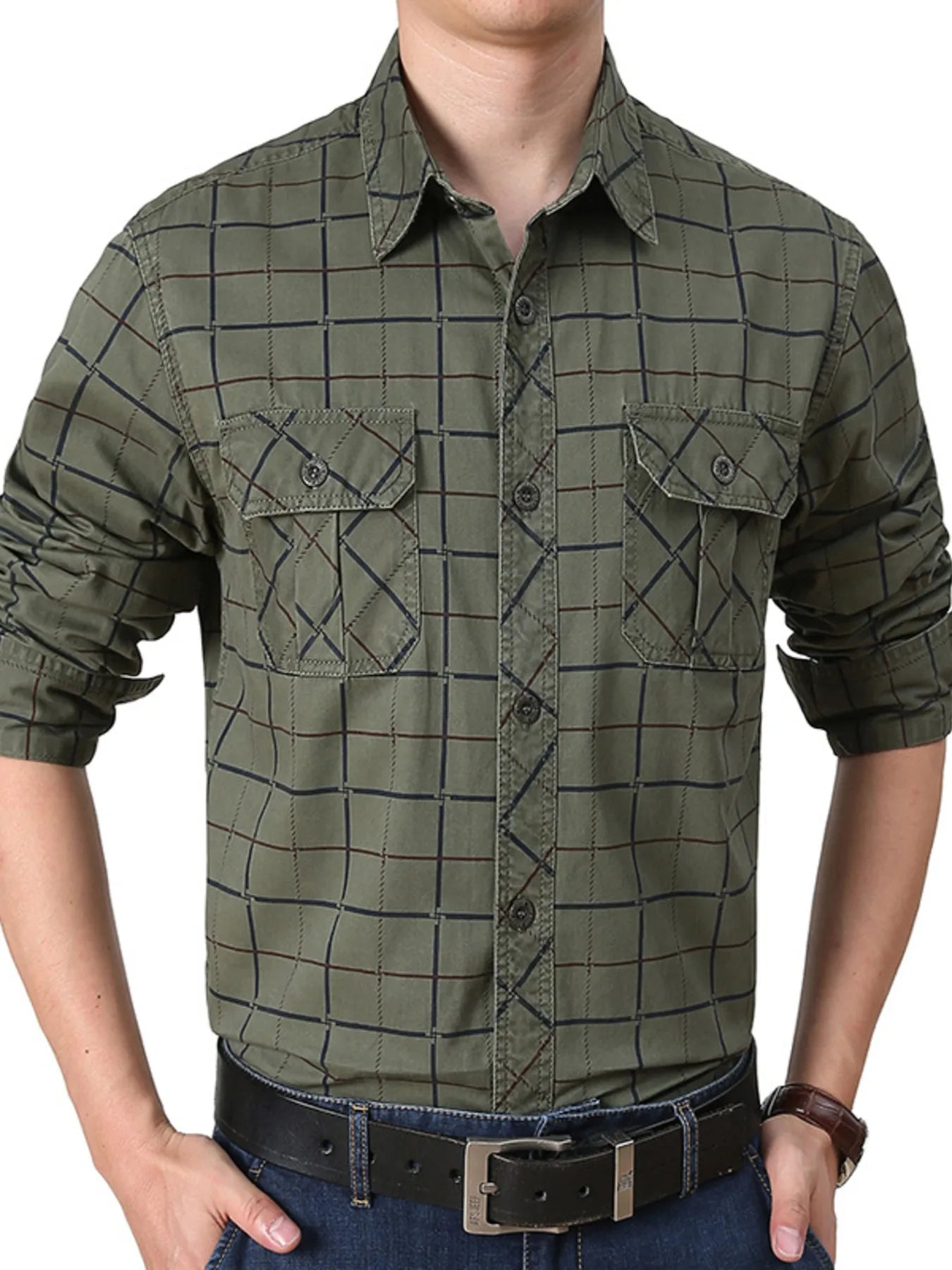 Men's Plus Size Casual Plaid Long Sleeve Shirt Army Green / M