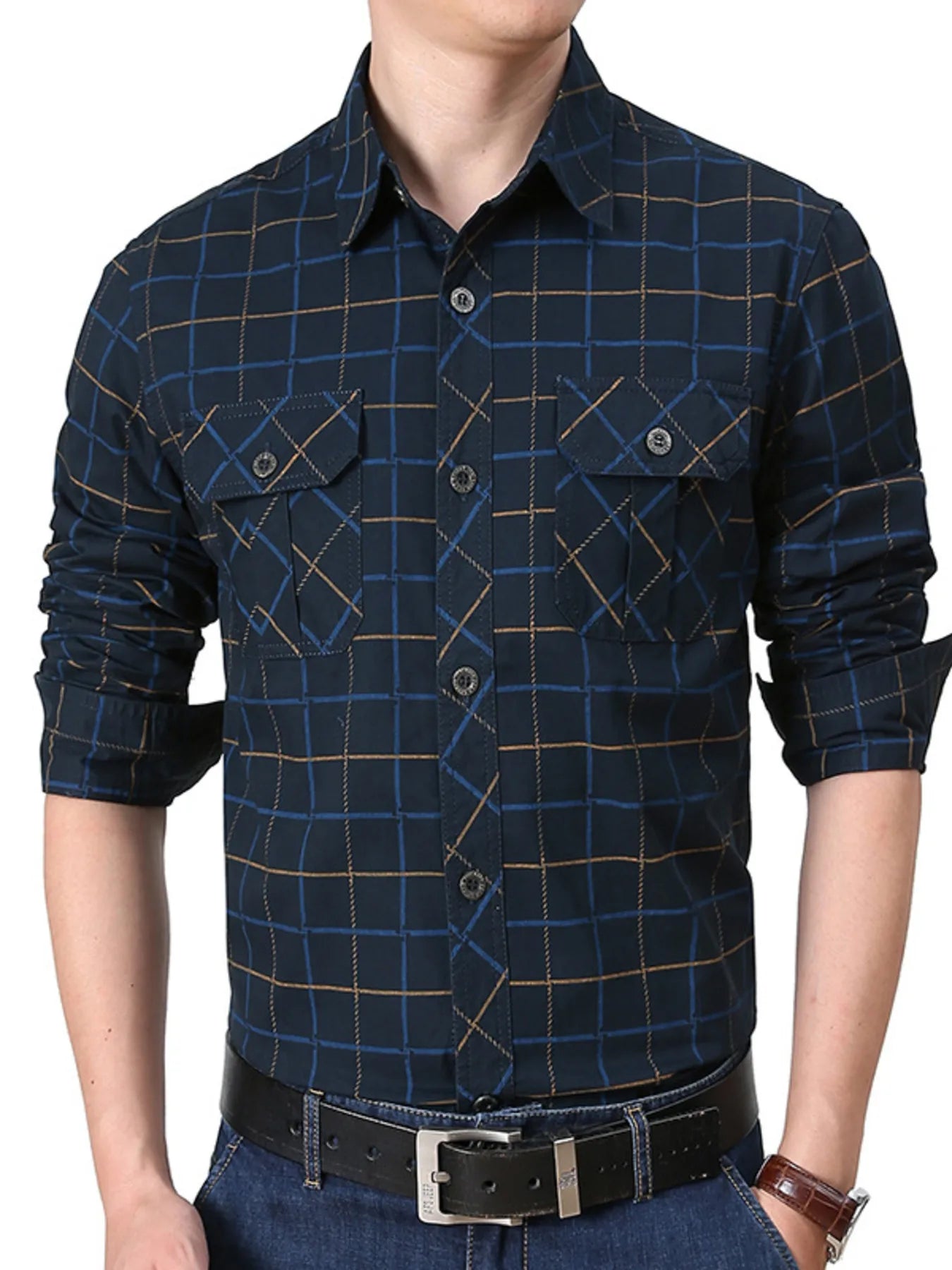 Men's Plus Size Casual Plaid Long Sleeve Shirt Black Blue / M