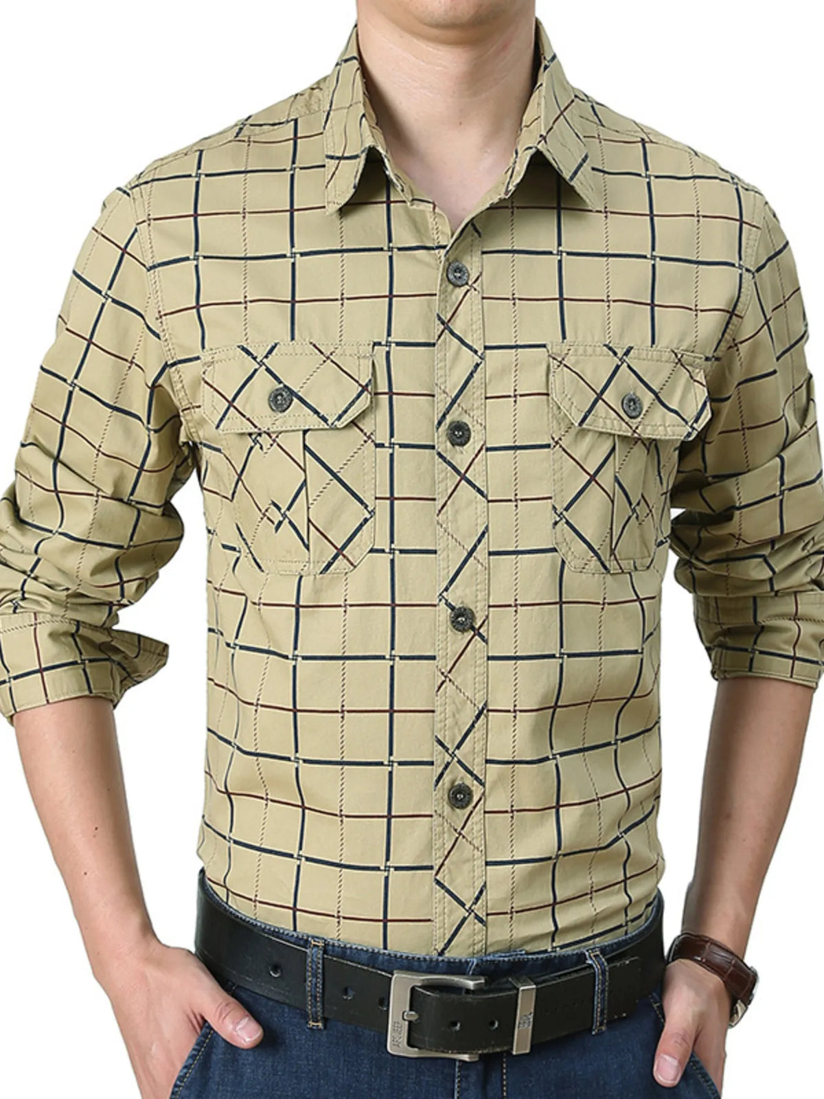 Men's Plus Size Casual Plaid Long Sleeve Shirt Khakis / M