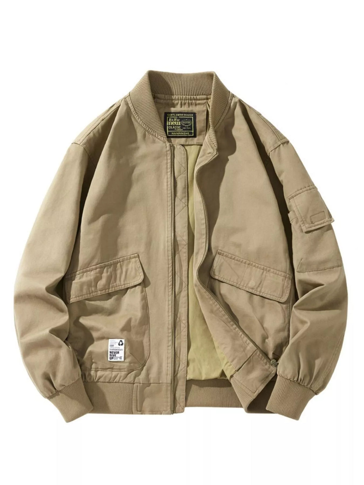 Men's Plus Size Casual Zip Up Bomber Jacket Khaki / M