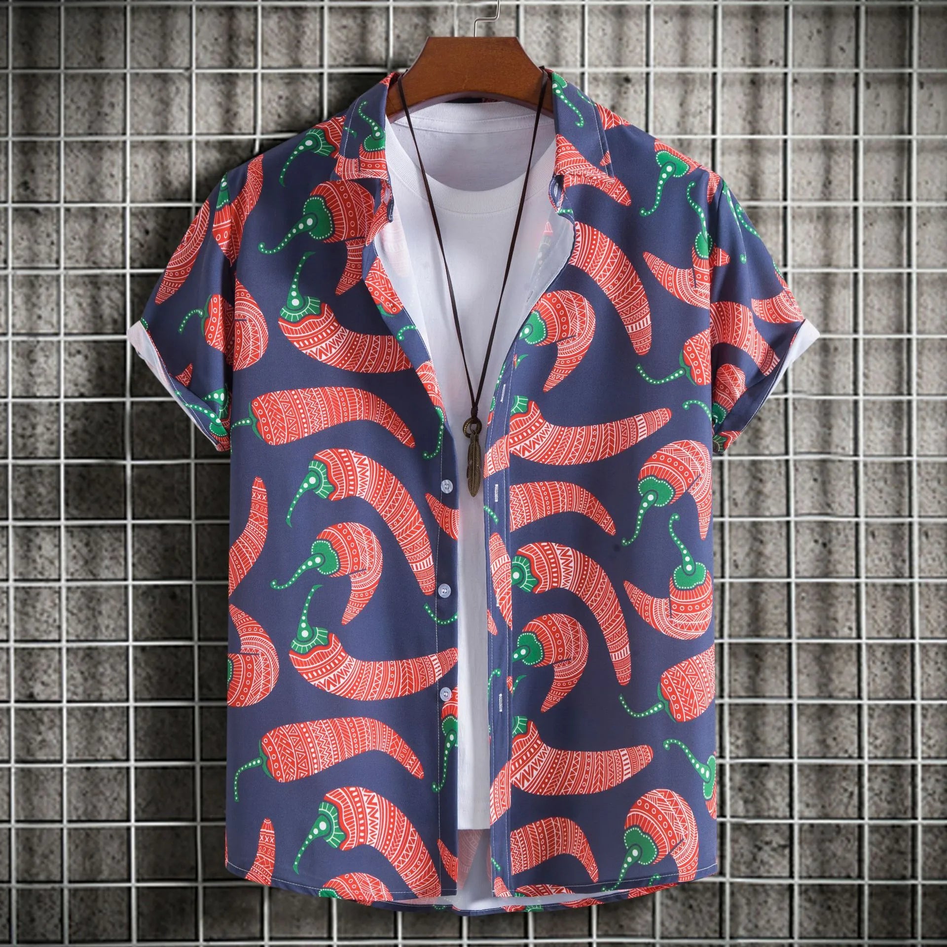 Men's Plus Size Chili Print Hawaiian Beach Shirt Orange-Red / M