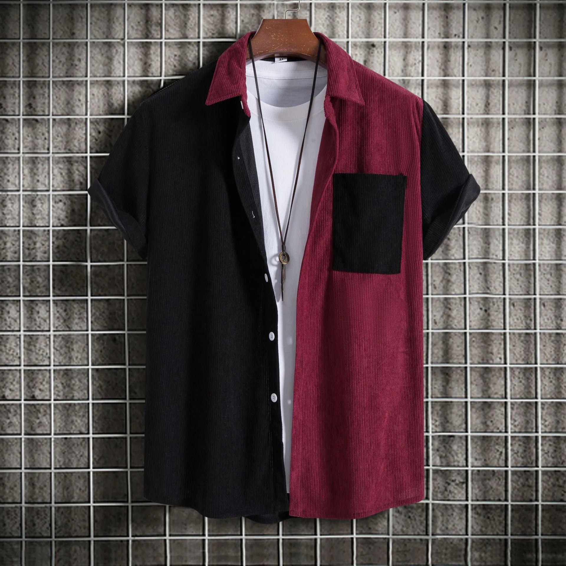 Men's Plus Size Classic Color Block Short Sleeve Shirt Wine Red / M