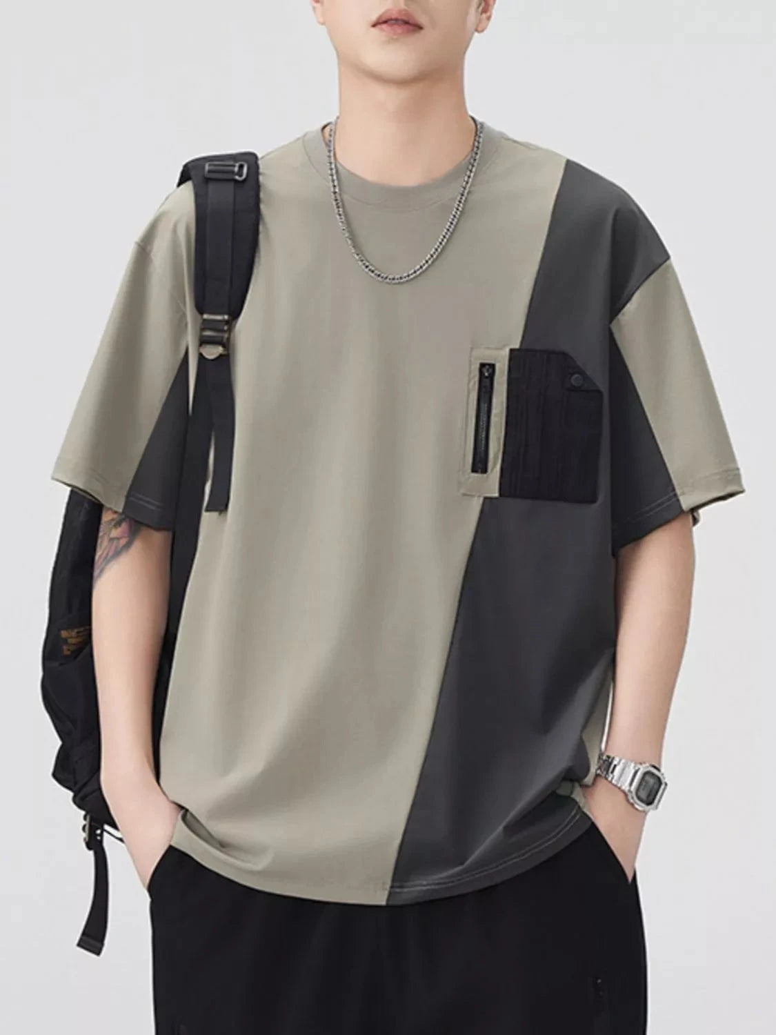 Men's Plus Size Color Block Short Sleeve T-Shirt Khaki Green / M