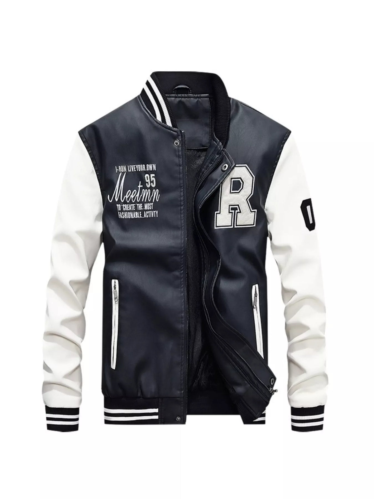 Men's Plus Size Color Block Zip Up Leather Jacket White / M