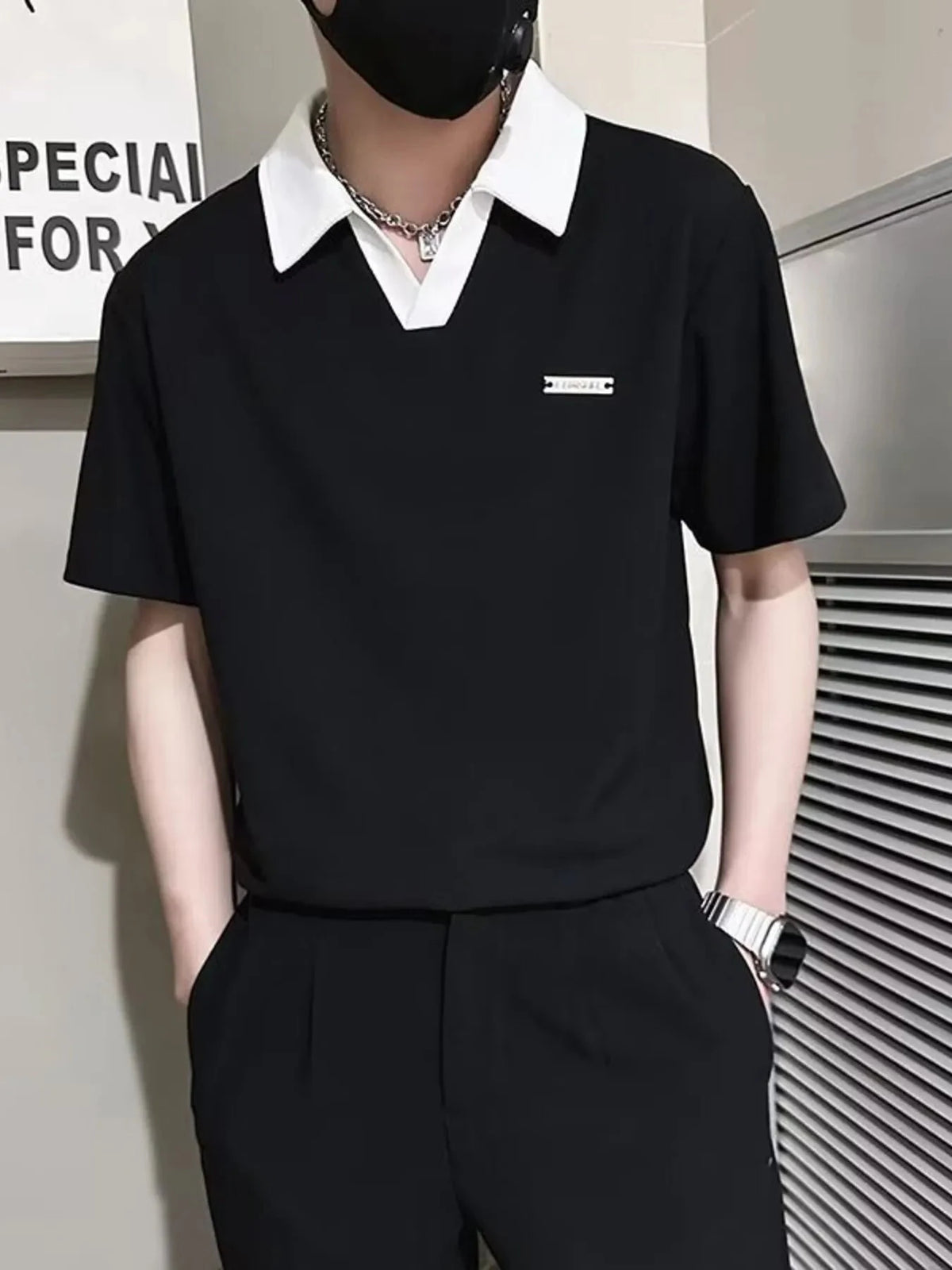 Men's Plus Size Contrast Collar Short Sleeve Polo Black / M