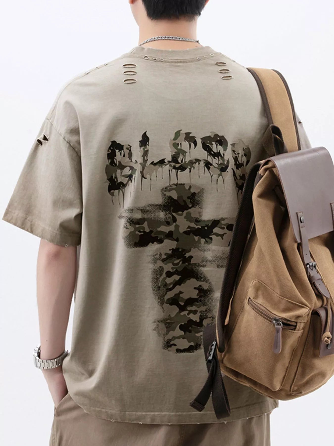 Men's Plus Size Distressed Camo Cross Graphic T-Shirt