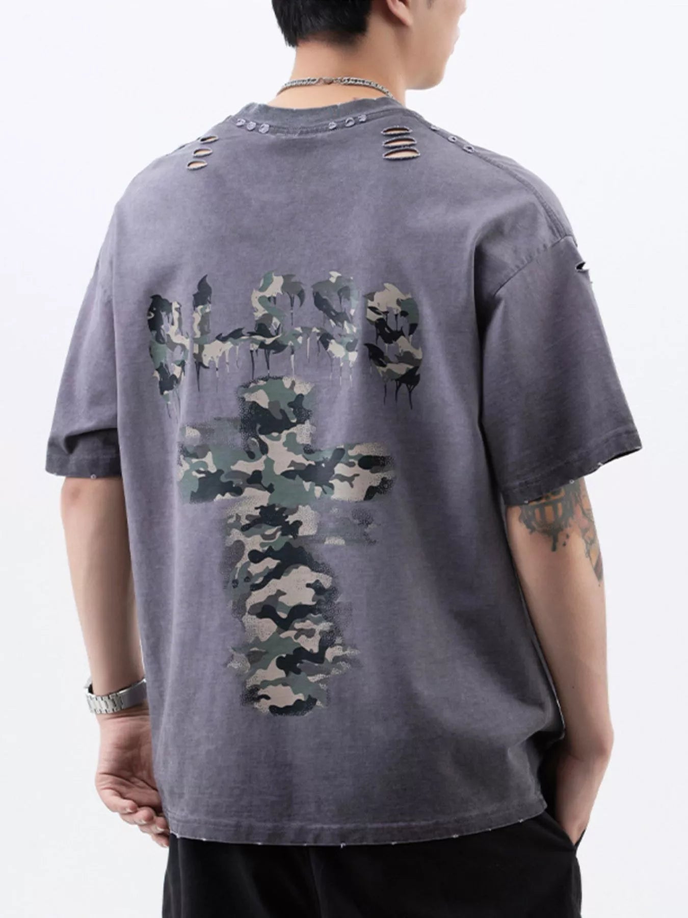 Men's Plus Size Distressed Camo Cross Graphic T-Shirt