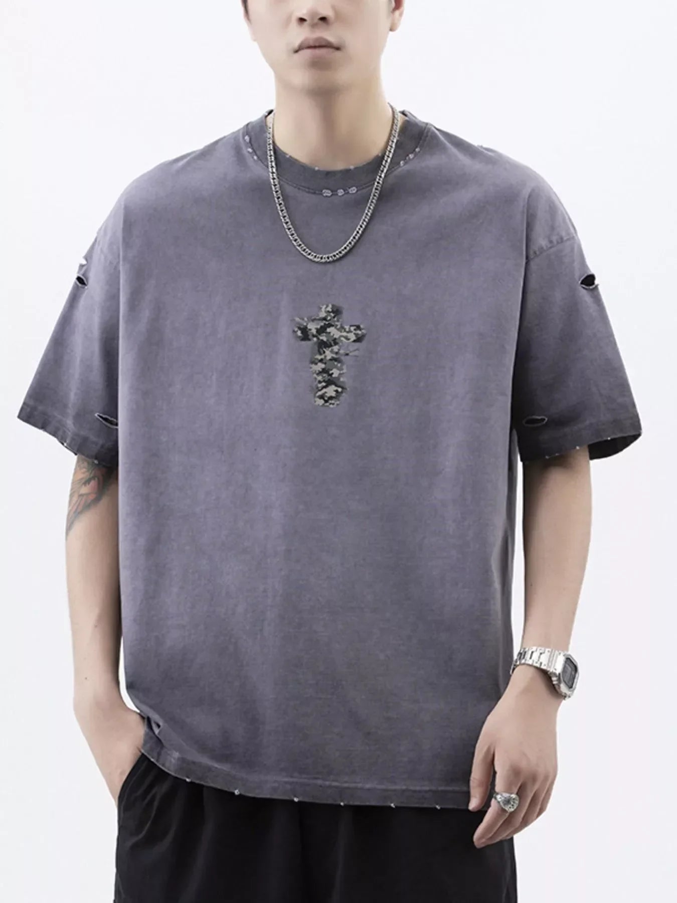 Men's Plus Size Distressed Camo Cross Graphic T-Shirt Purple / M